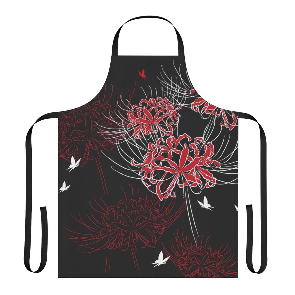 Close-up of a red and black butterfly perched on a spider lily flower, set against a Japanese-inspired floral pattern on an apron.