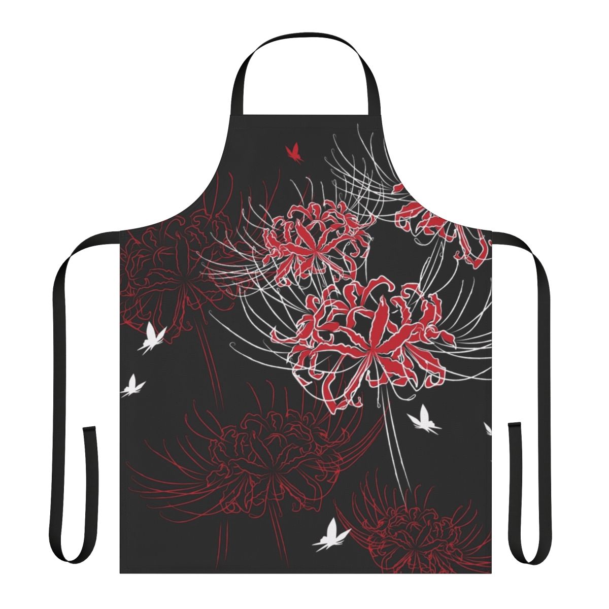 Close-up of a red and black butterfly perched on a spider lily flower, set against a Japanese-inspired floral pattern on an apron.