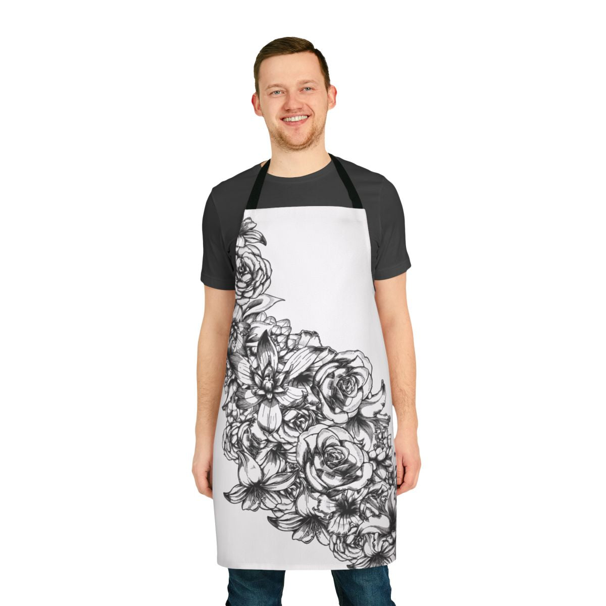 Vibrant floral pattern on a high-quality apron, perfect for the garden or kitchen.