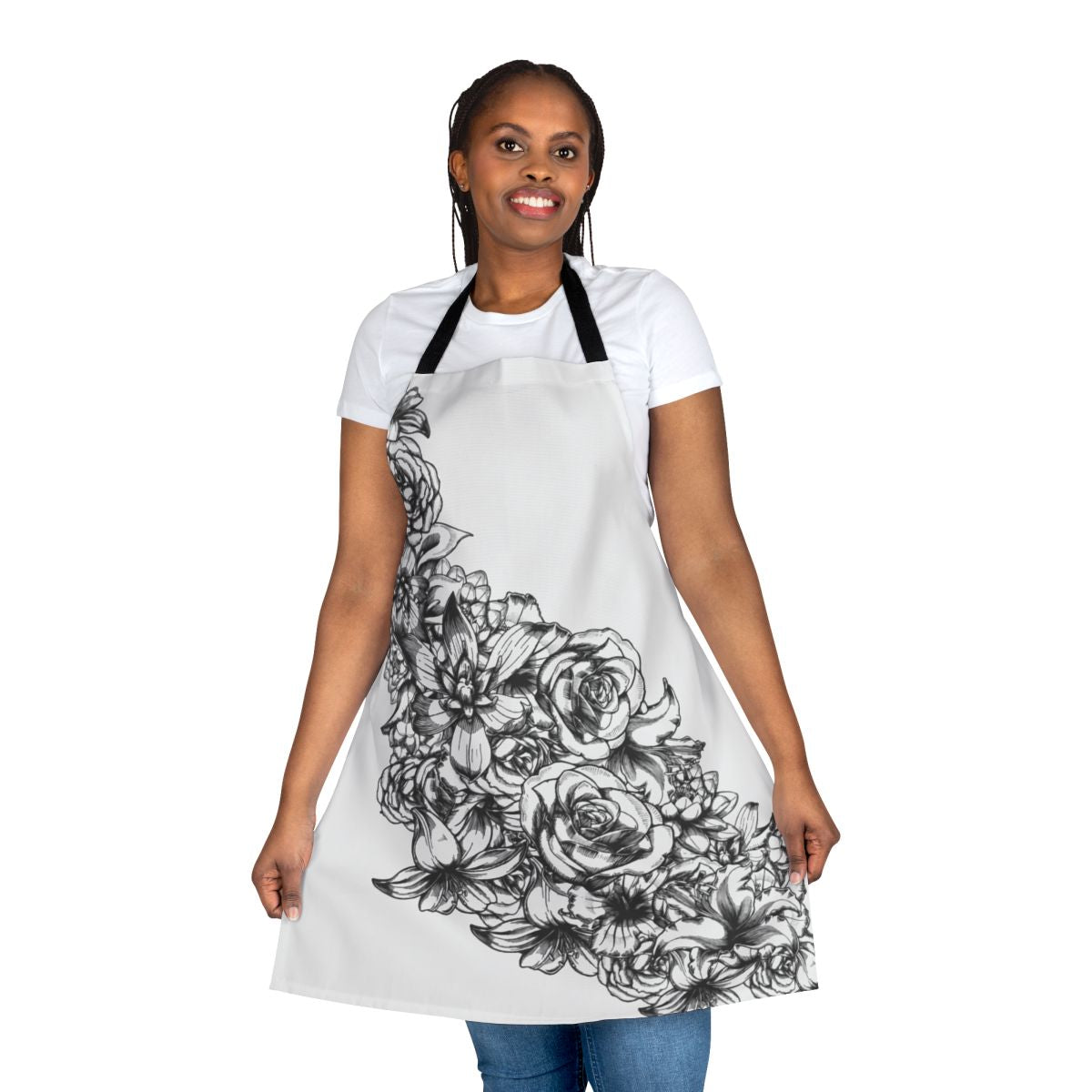 Vibrant floral pattern on a high-quality apron, perfect for the garden or kitchen.