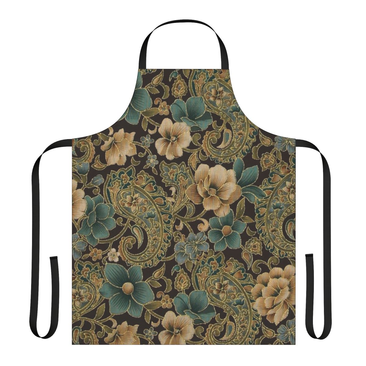 Stylish gold rose and paisley floral pattern on an elegant, modern designer apron