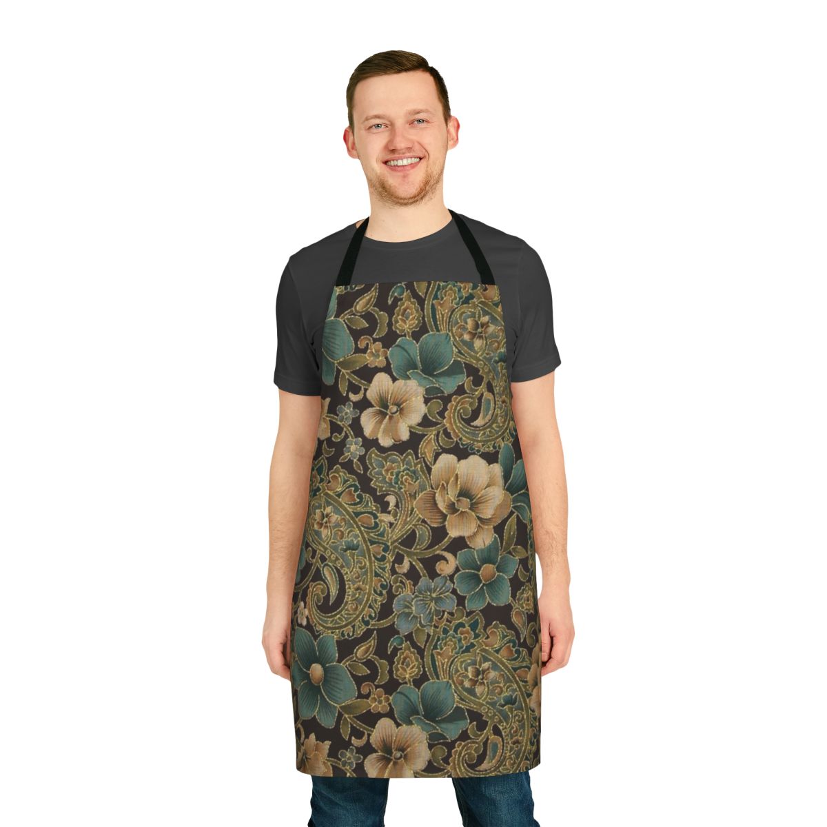 Stylish gold rose and paisley floral pattern on an elegant, modern designer apron