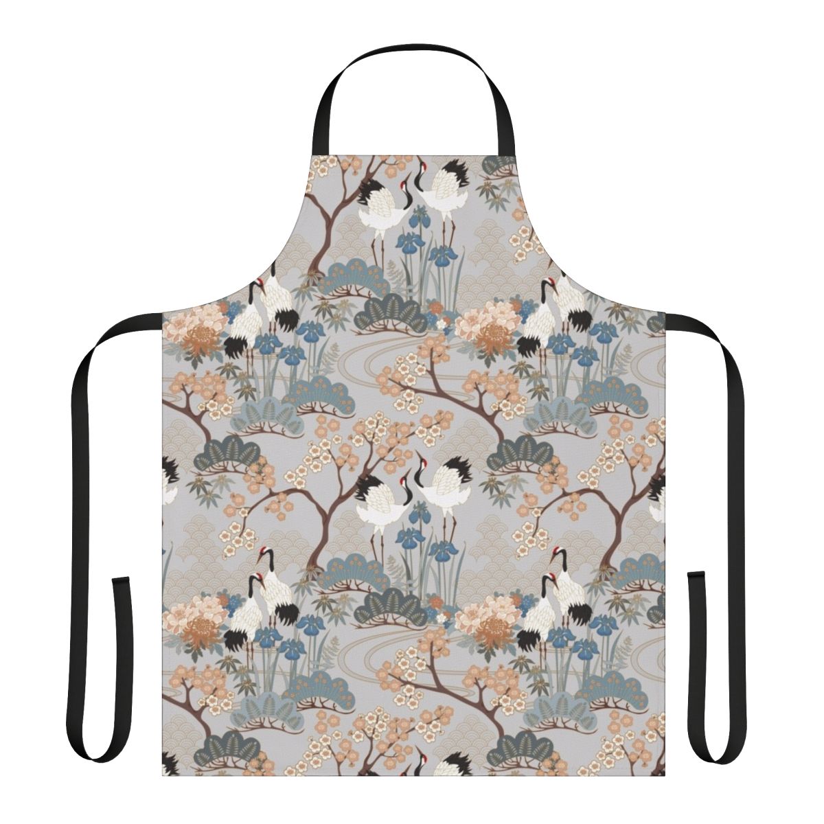 Floral apron featuring a Japanese garden and cranes design