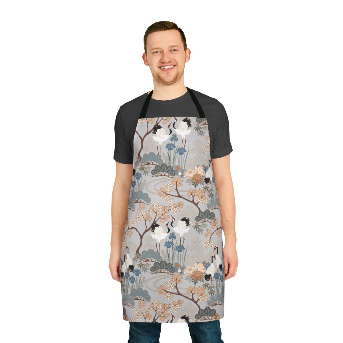 Floral apron featuring a Japanese garden and cranes design