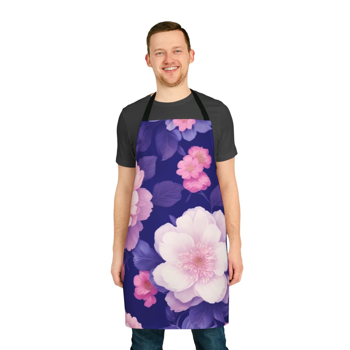 Closeup of a floral pattern apron with rose leaves and elegant flowers