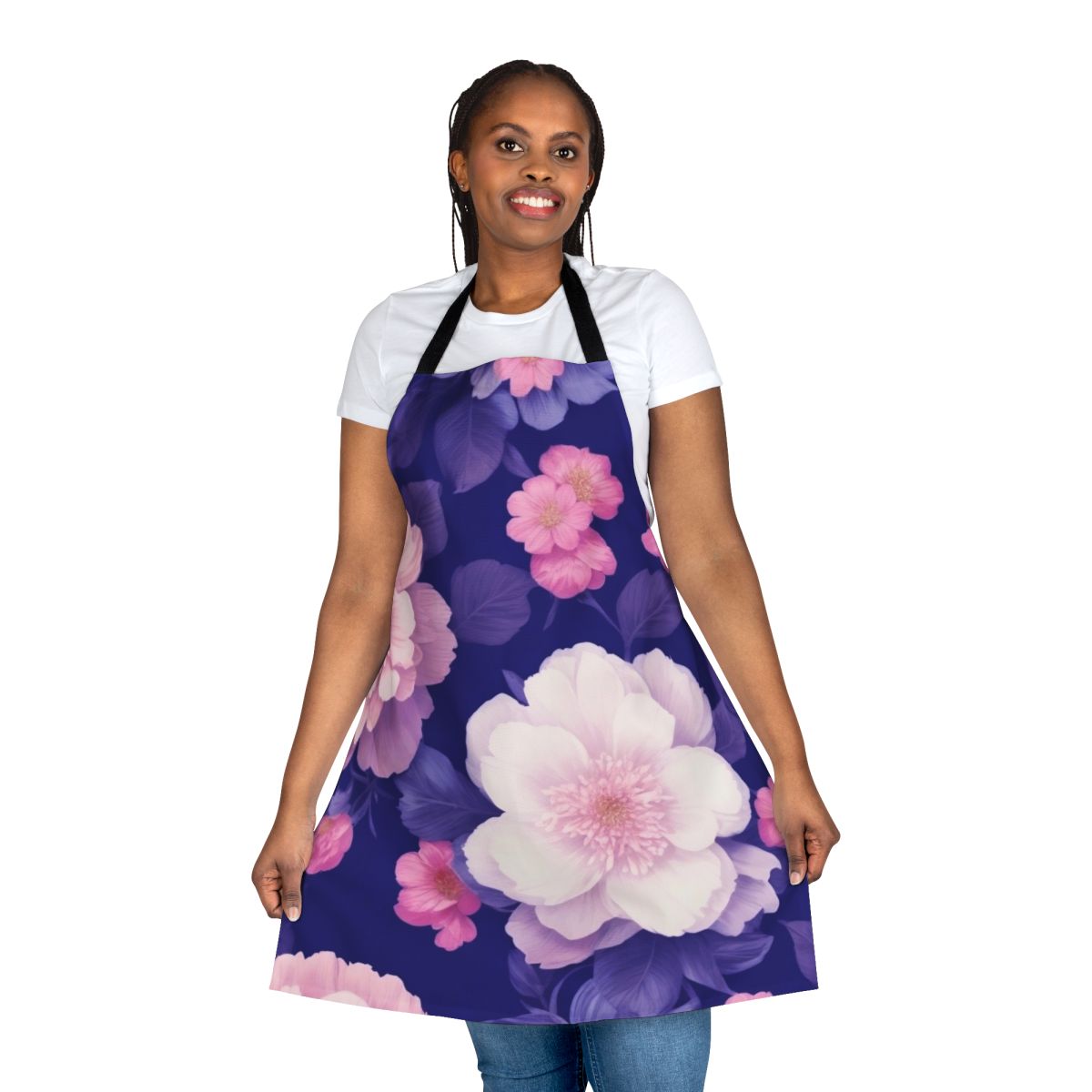 Closeup of a floral pattern apron with rose leaves and elegant flowers