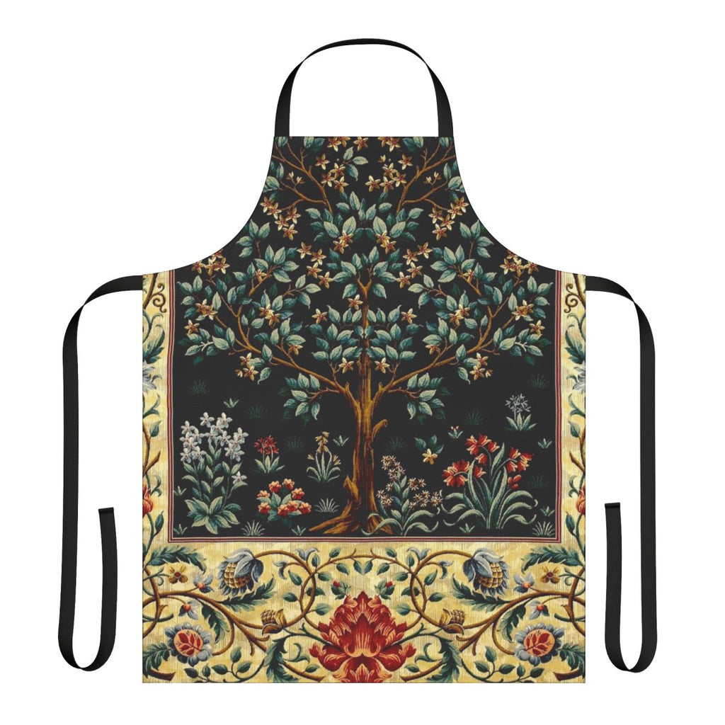 Elegant black floral tapestry apron with mythical greenery design