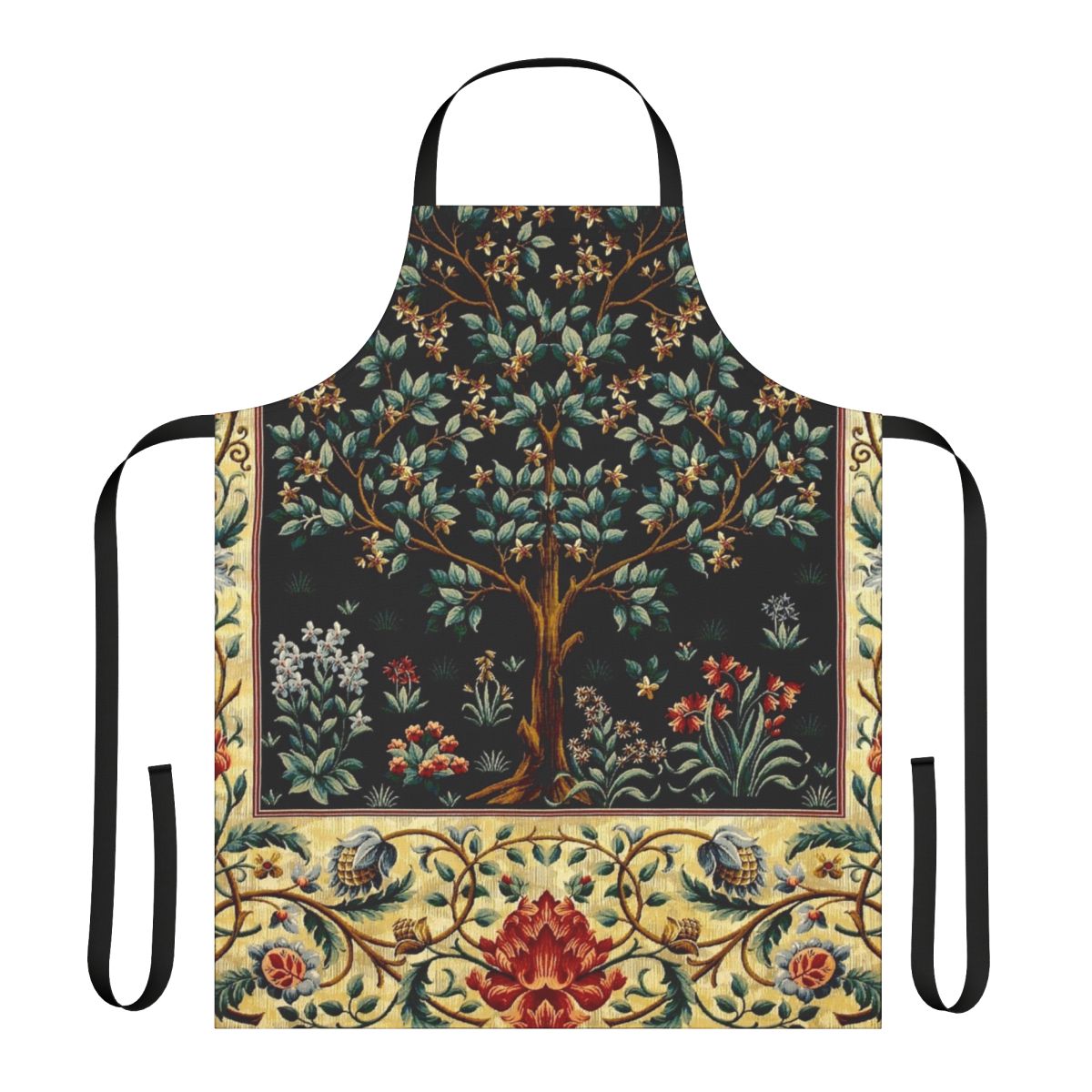 Elegant black floral tapestry apron with mythical greenery design