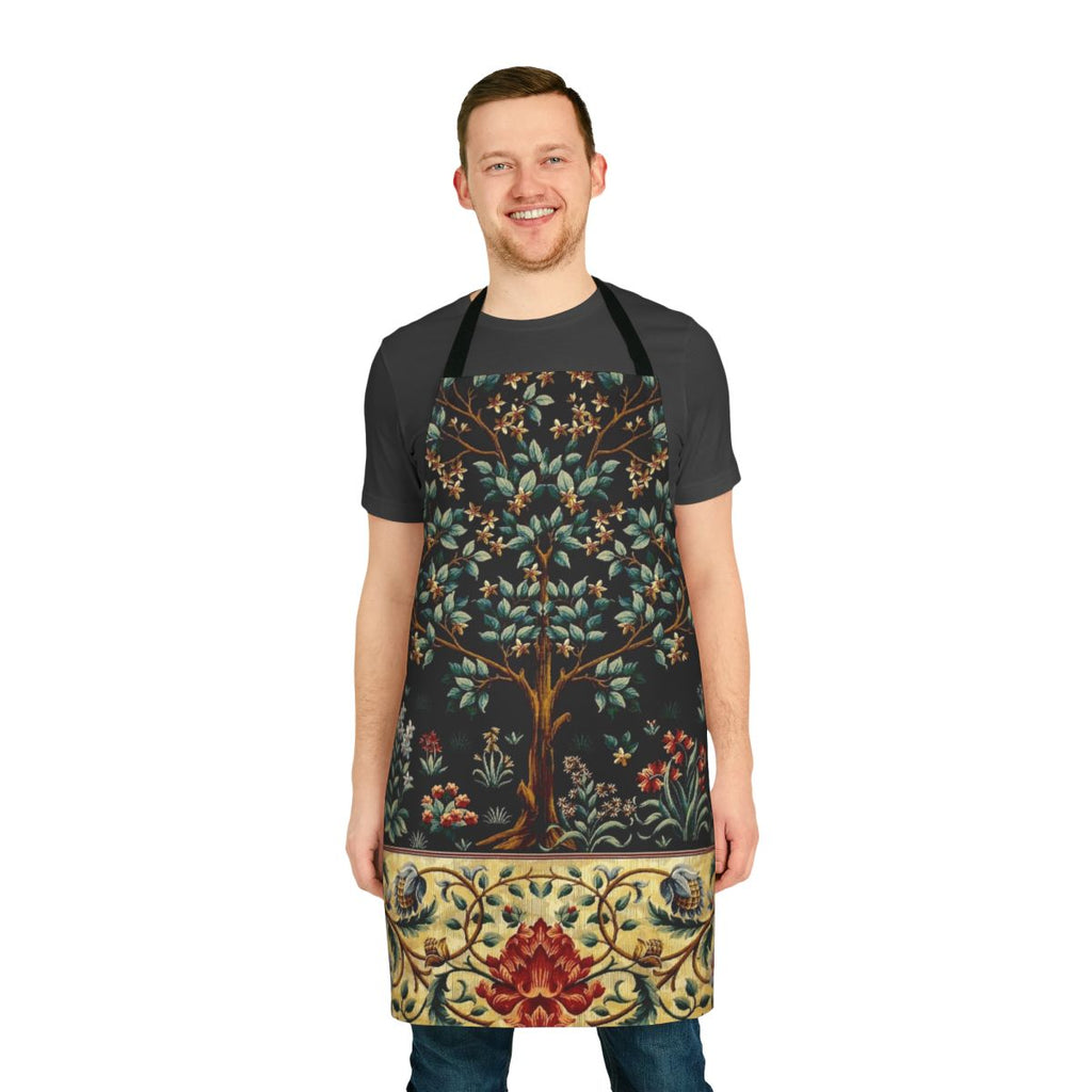 Elegant black floral tapestry apron with mythical greenery design