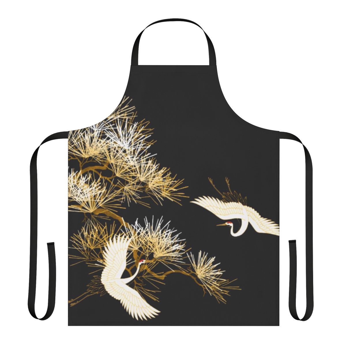 Golden Japanese cranes embroidered on a beautiful black apron, with a floral and bird pattern.