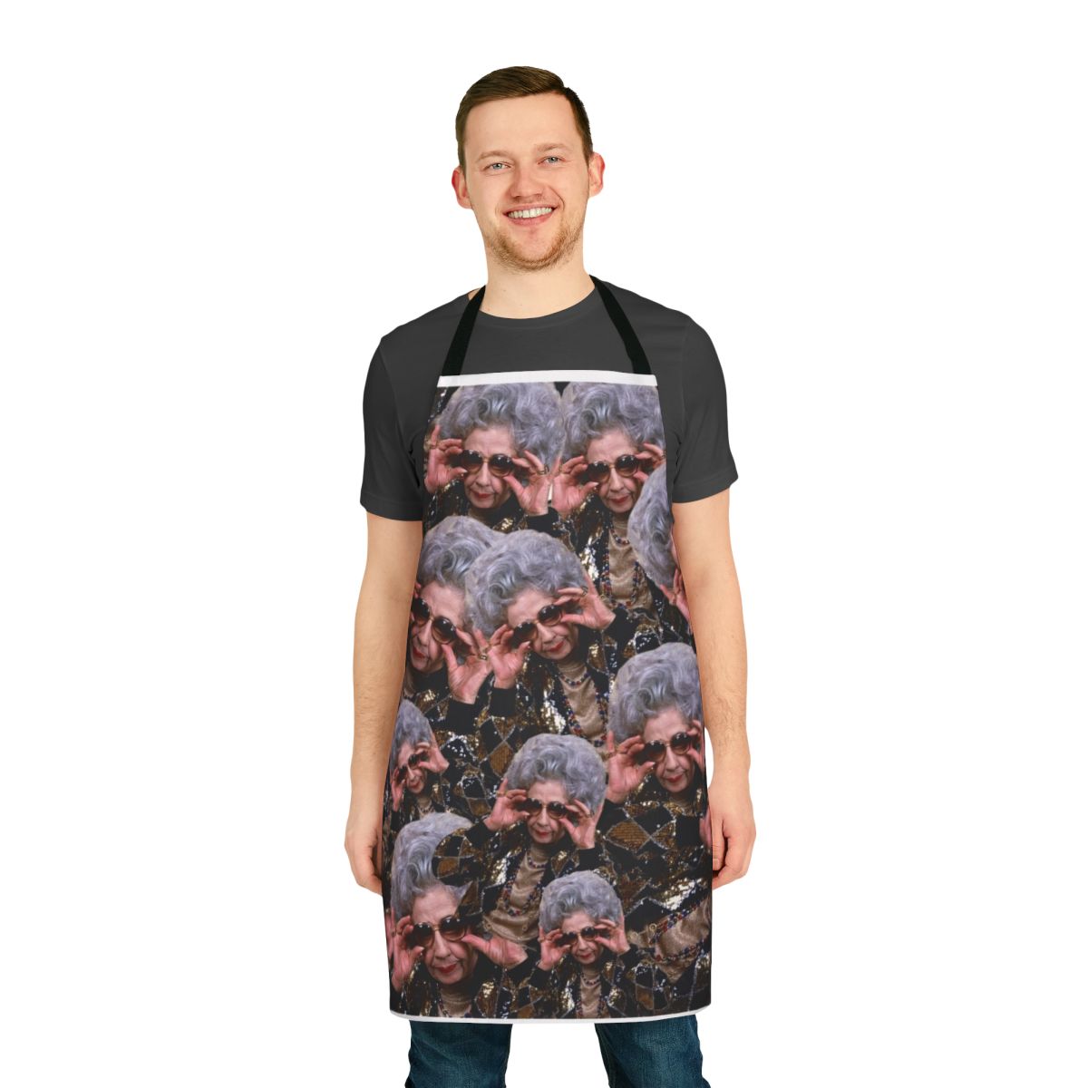 Grandma Yetta-inspired apron with a 90s pattern and animal spirit design