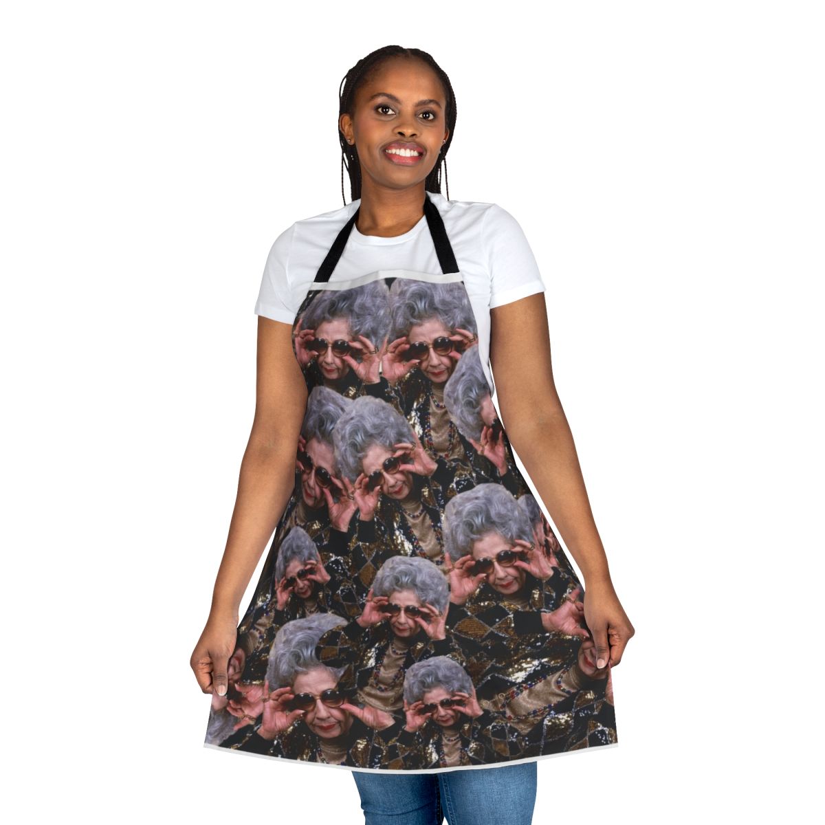 Grandma Yetta-inspired apron with a 90s pattern and animal spirit design