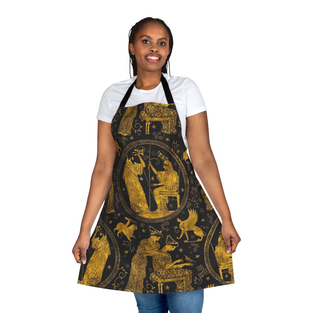 Apron featuring a black and gold ancient Greek art and mythology-inspired pattern