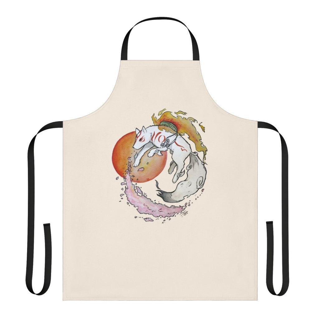 Elegant and beautiful Japanese-inspired apron featuring the Okami wolf deity Amaterasu design