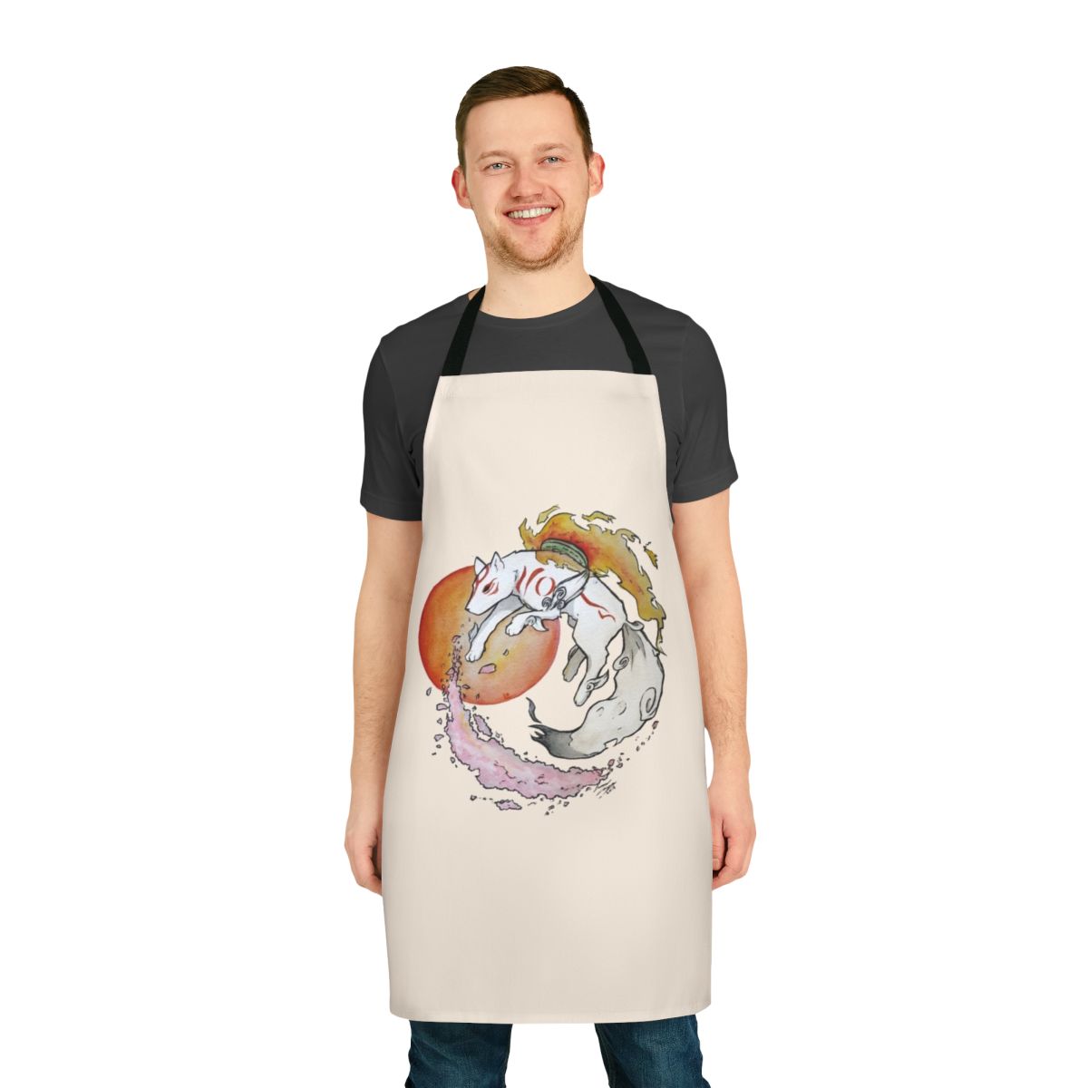 Elegant and beautiful Japanese-inspired apron featuring the Okami wolf deity Amaterasu design