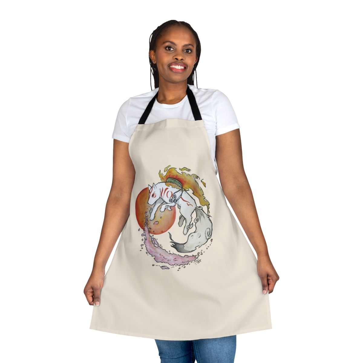 Elegant and beautiful Japanese-inspired apron featuring the Okami wolf deity Amaterasu design