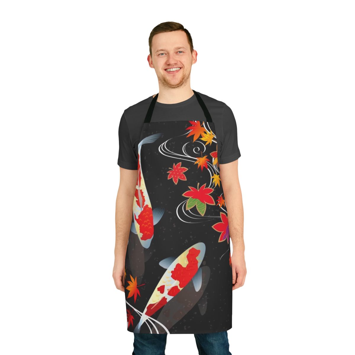 Vibrant Japanese koi fish and autumn leaves pattern on a high-quality cotton apron.