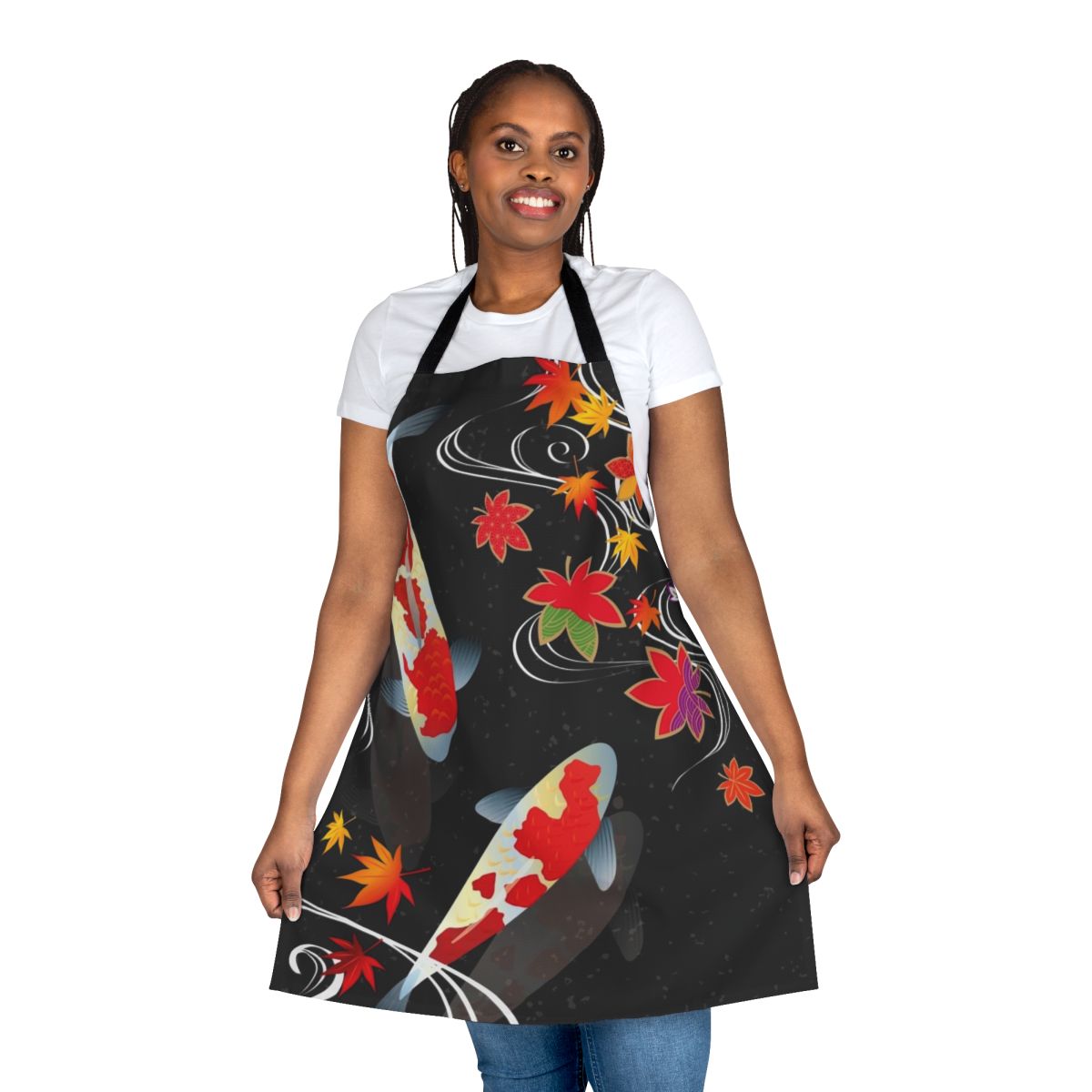 Vibrant Japanese koi fish and autumn leaves pattern on a high-quality cotton apron.