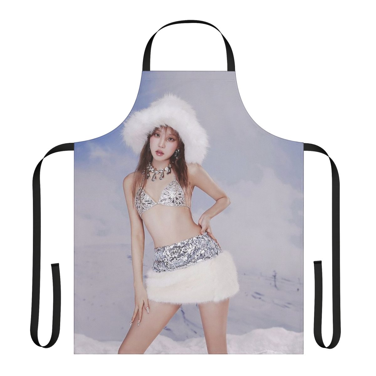 Stylish apron featuring the K-pop group G-IDLE's "Super Lady" concept