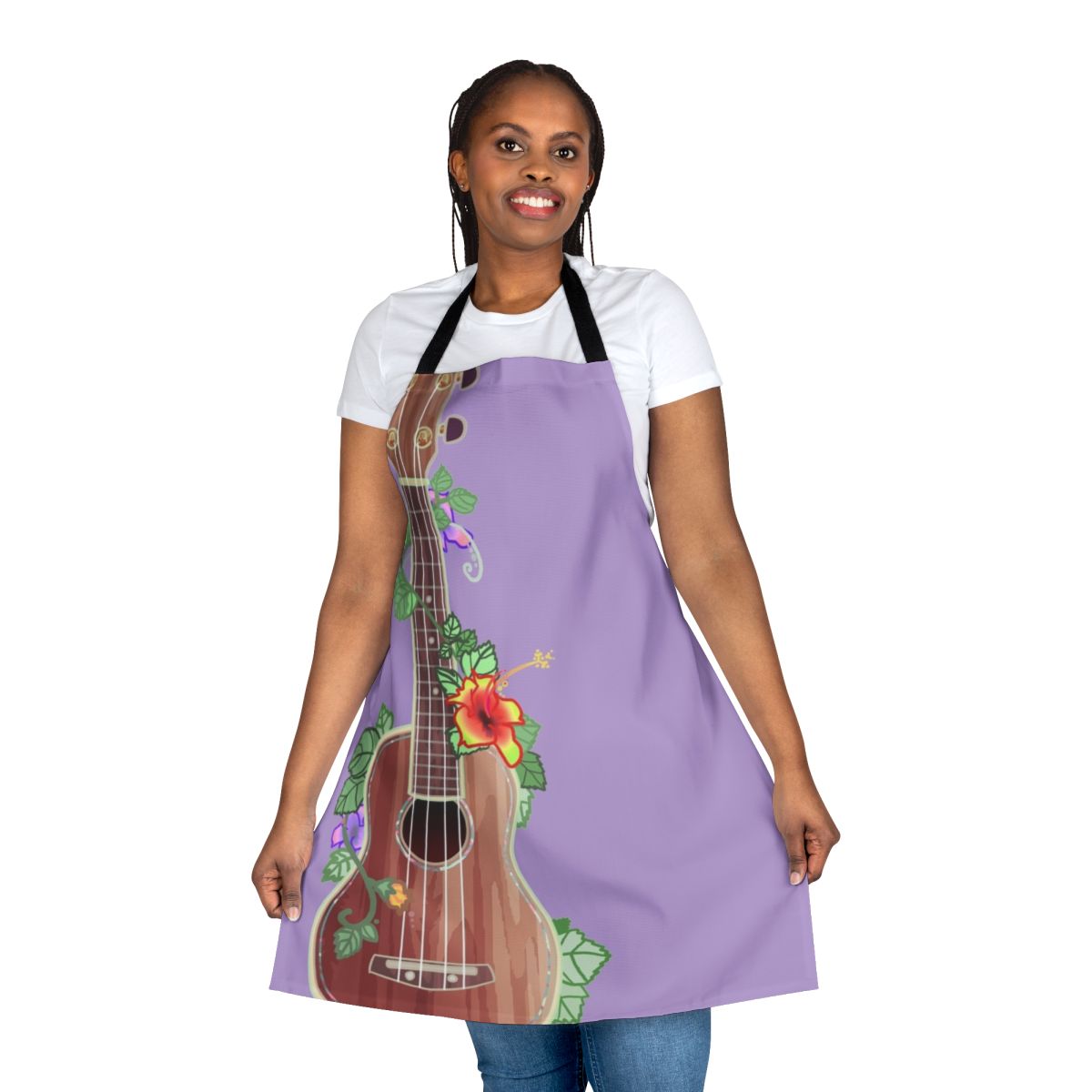 Koa wood ukulele apron with a beautiful floral pattern