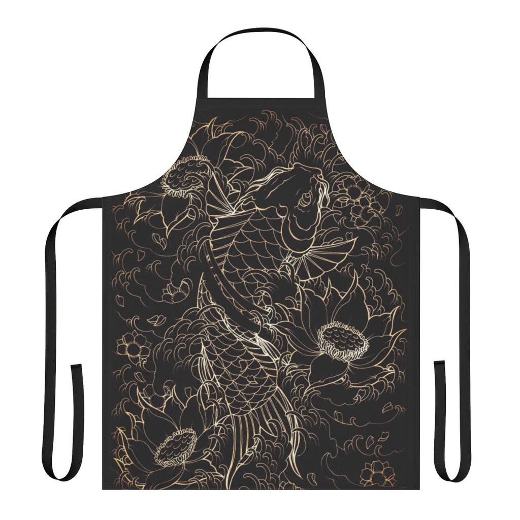 Koi fish and flower design apron with a black, white, and gold color scheme