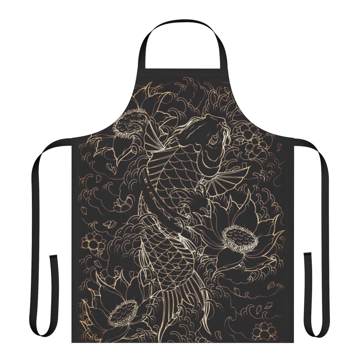 Koi fish and flower design apron with a black, white, and gold color scheme
