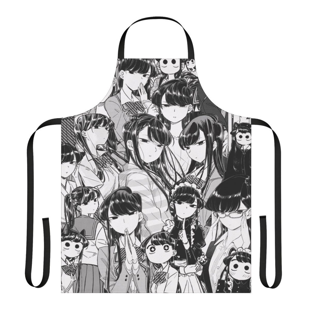An apron featuring a collage design of the popular anime and manga character Komi-san in black and white.