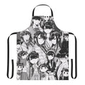 An apron featuring a collage design of the popular anime and manga character Komi-san in black and white.