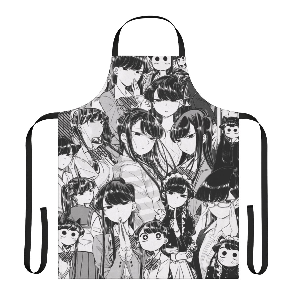 An apron featuring a collage design of the popular anime and manga character Komi-san in black and white.