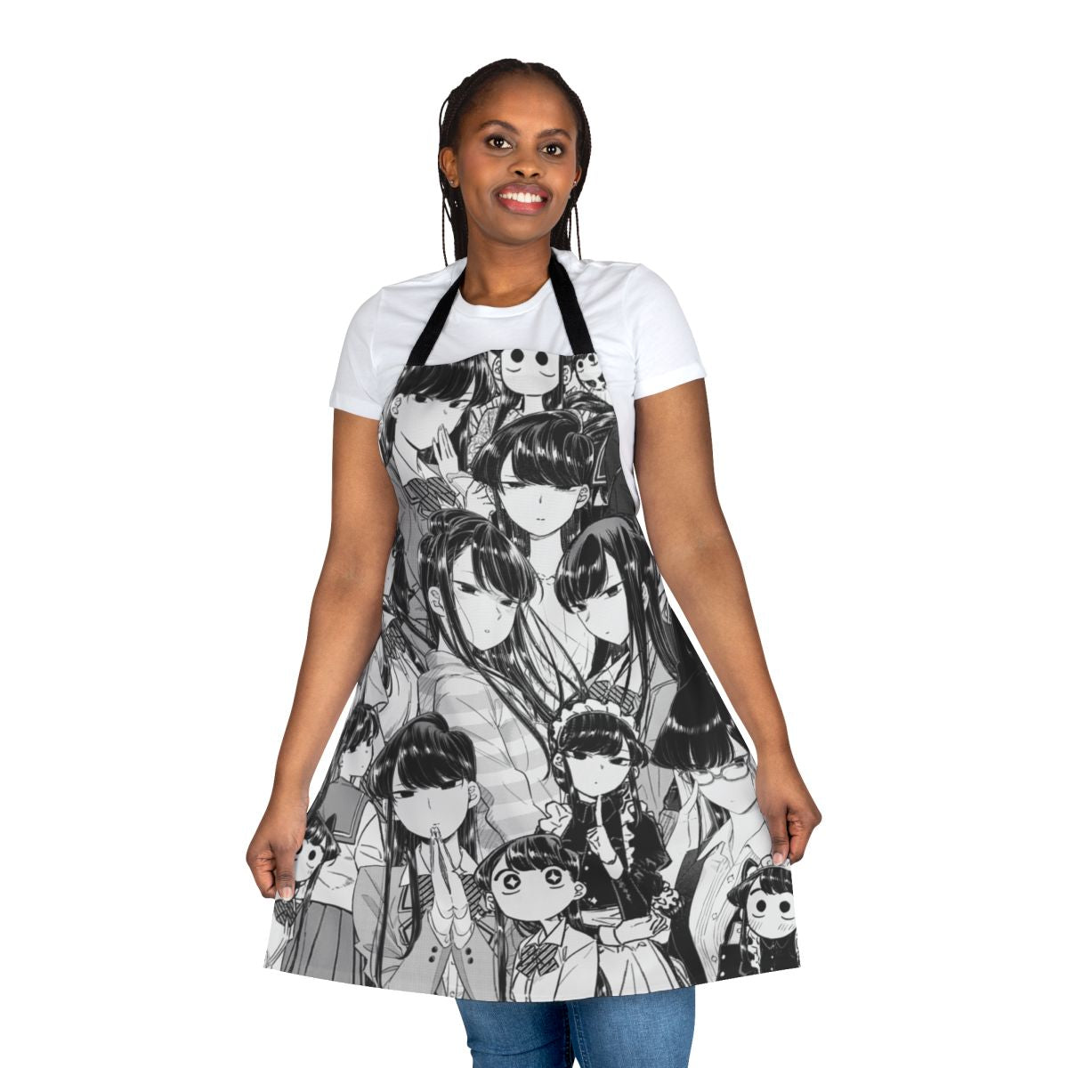An apron featuring a collage design of the popular anime and manga character Komi-san in black and white.