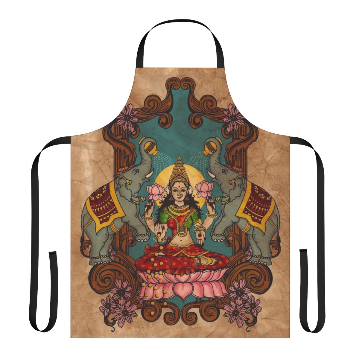 Beautifully designed apron featuring the Hindu Goddess Lakshmi, the Goddess of Wealth and Prosperity