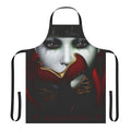 A woman wearing a red, gothic-style apron with a mysterious masked face expression