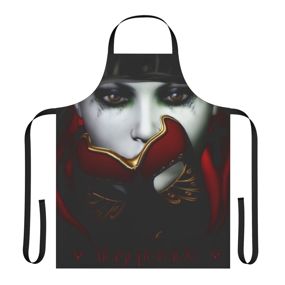 A woman wearing a red, gothic-style apron with a mysterious masked face expression