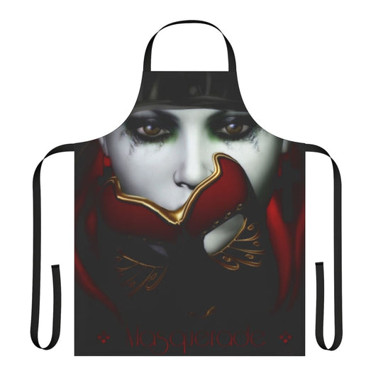 A woman wearing a red, gothic-style apron with a mysterious masked face expression