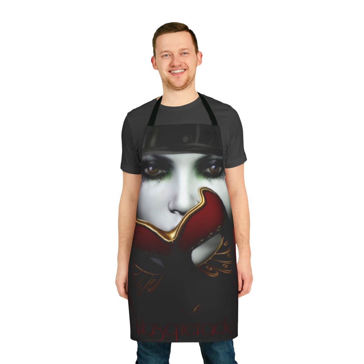 A woman wearing a red, gothic-style apron with a mysterious masked face expression