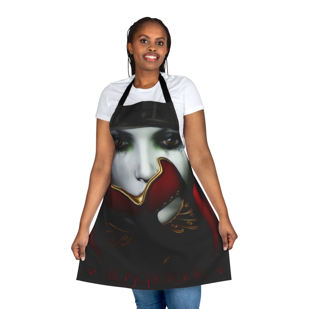 A woman wearing a red, gothic-style apron with a mysterious masked face expression