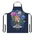 Beautifully designed apron featuring a delicate moth and flower bouquet pattern