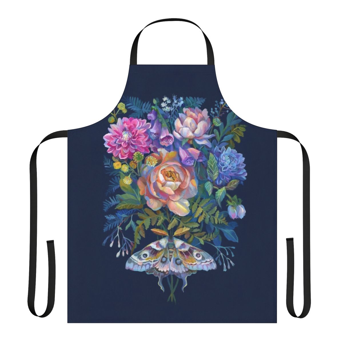 Beautifully designed apron featuring a delicate moth and flower bouquet pattern