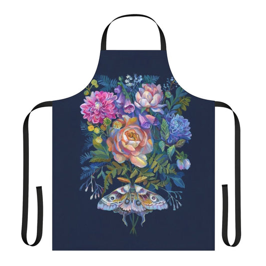 Beautifully designed apron featuring a delicate moth and flower bouquet pattern