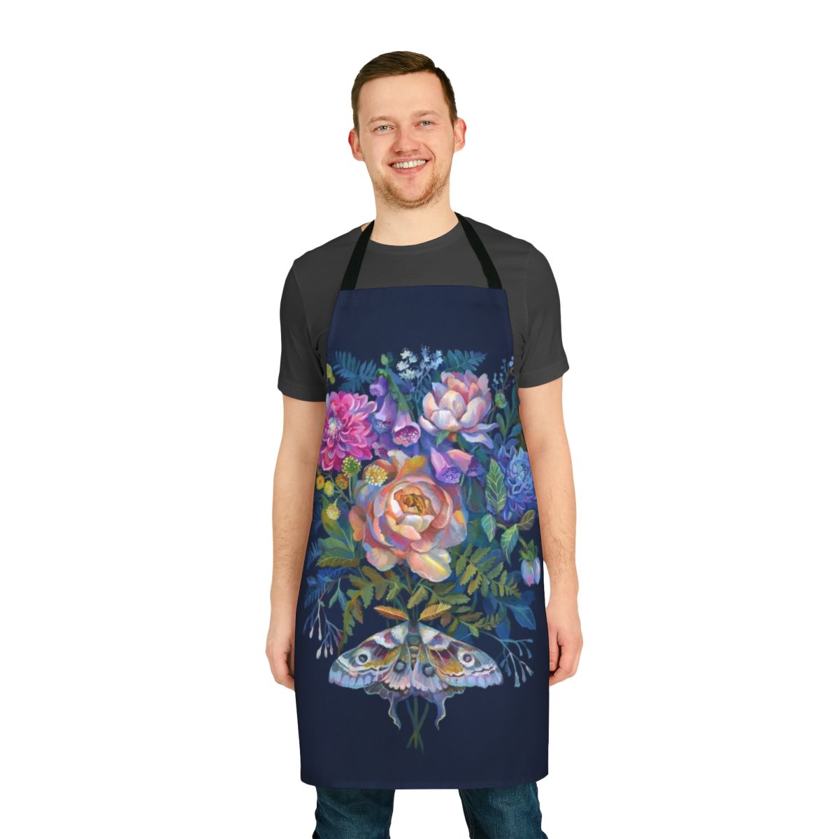 Beautifully designed apron featuring a delicate moth and flower bouquet pattern