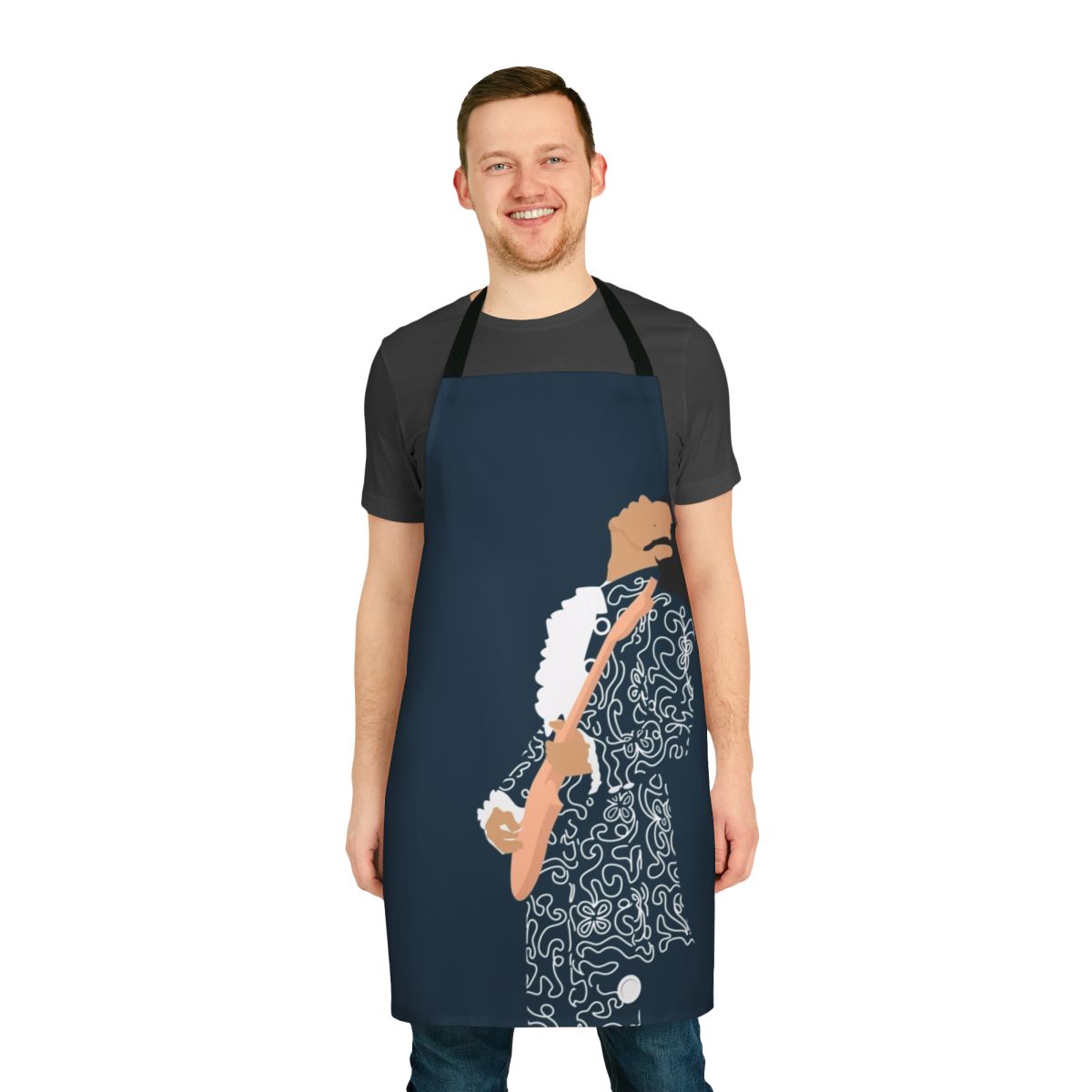 A stylish apron featuring the iconic portrait of the renowned composer Wolfgang Amadeus Mozart.