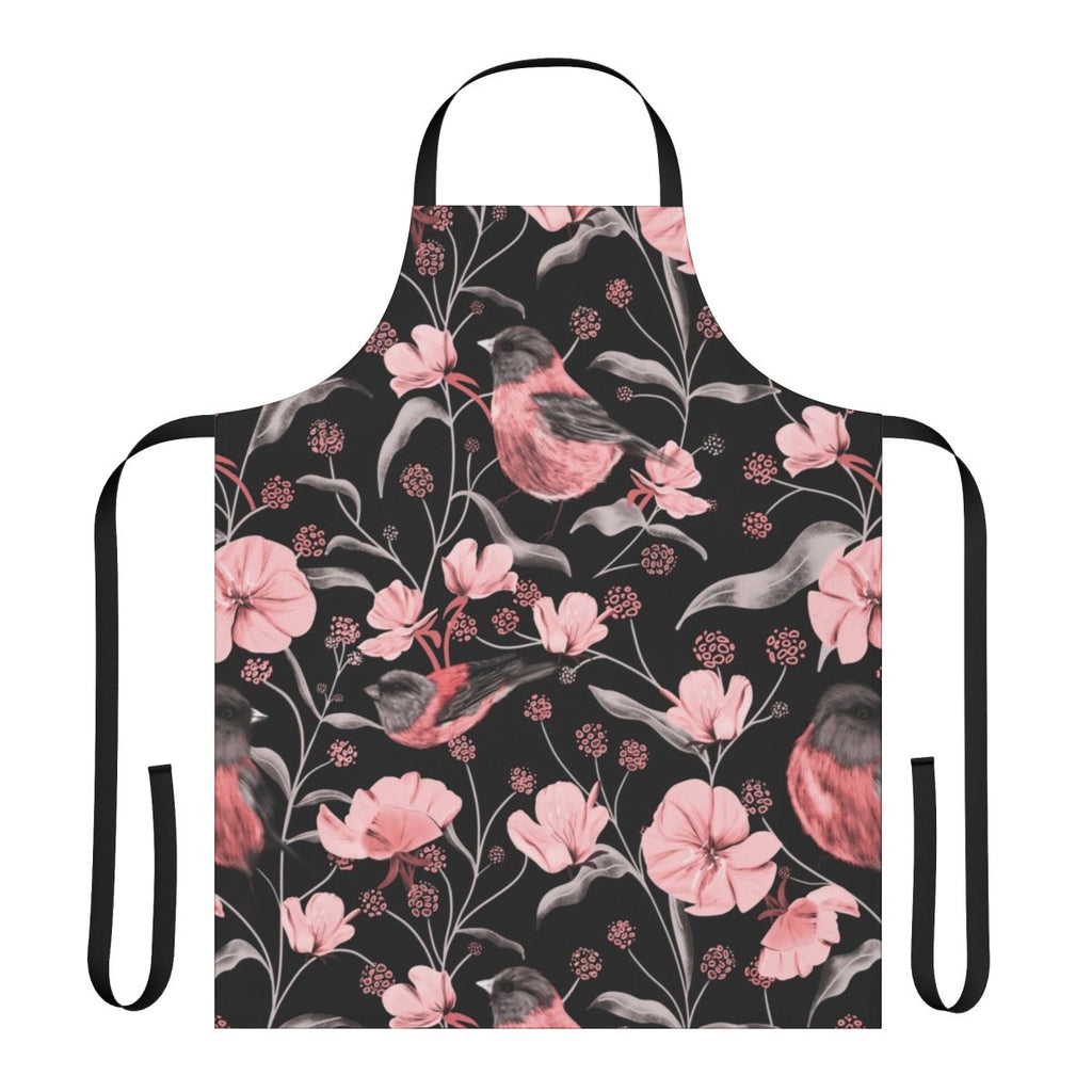 Stylish apron featuring a pink, black, and white botanical design with birds and flowers.