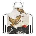 Elegant apron featuring a stylized crane or bird design in a nature-inspired landscape with mountains, sun, and abstract elements.