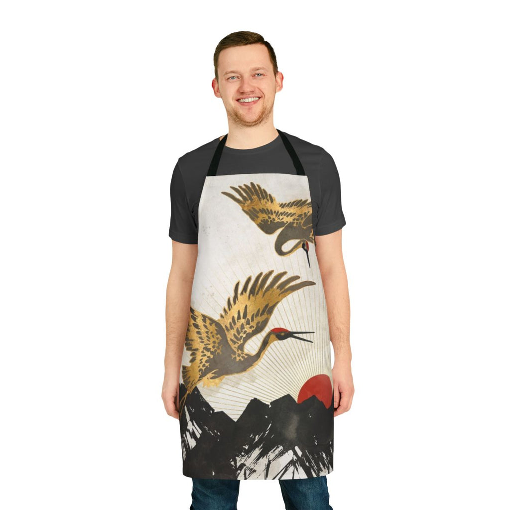 Elegant apron featuring a stylized crane or bird design in a nature-inspired landscape with mountains, sun, and abstract elements.