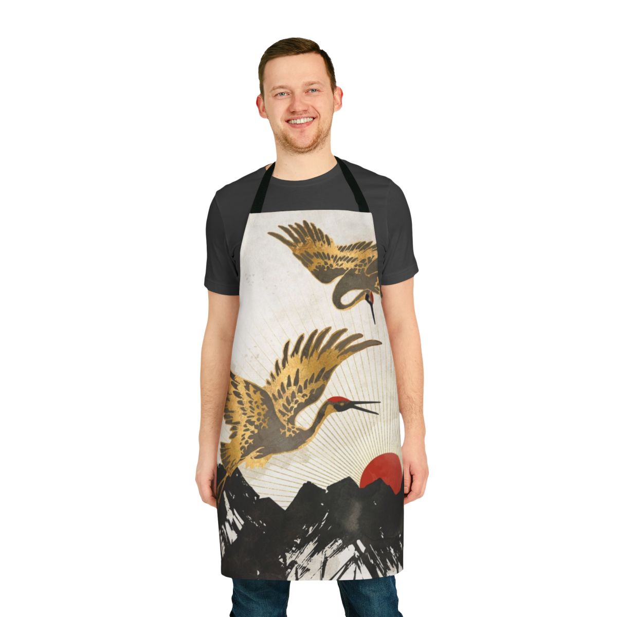 Elegant apron featuring a stylized crane or bird design in a nature-inspired landscape with mountains, sun, and abstract elements.