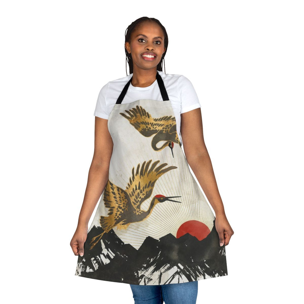 Elegant apron featuring a stylized crane or bird design in a nature-inspired landscape with mountains, sun, and abstract elements.