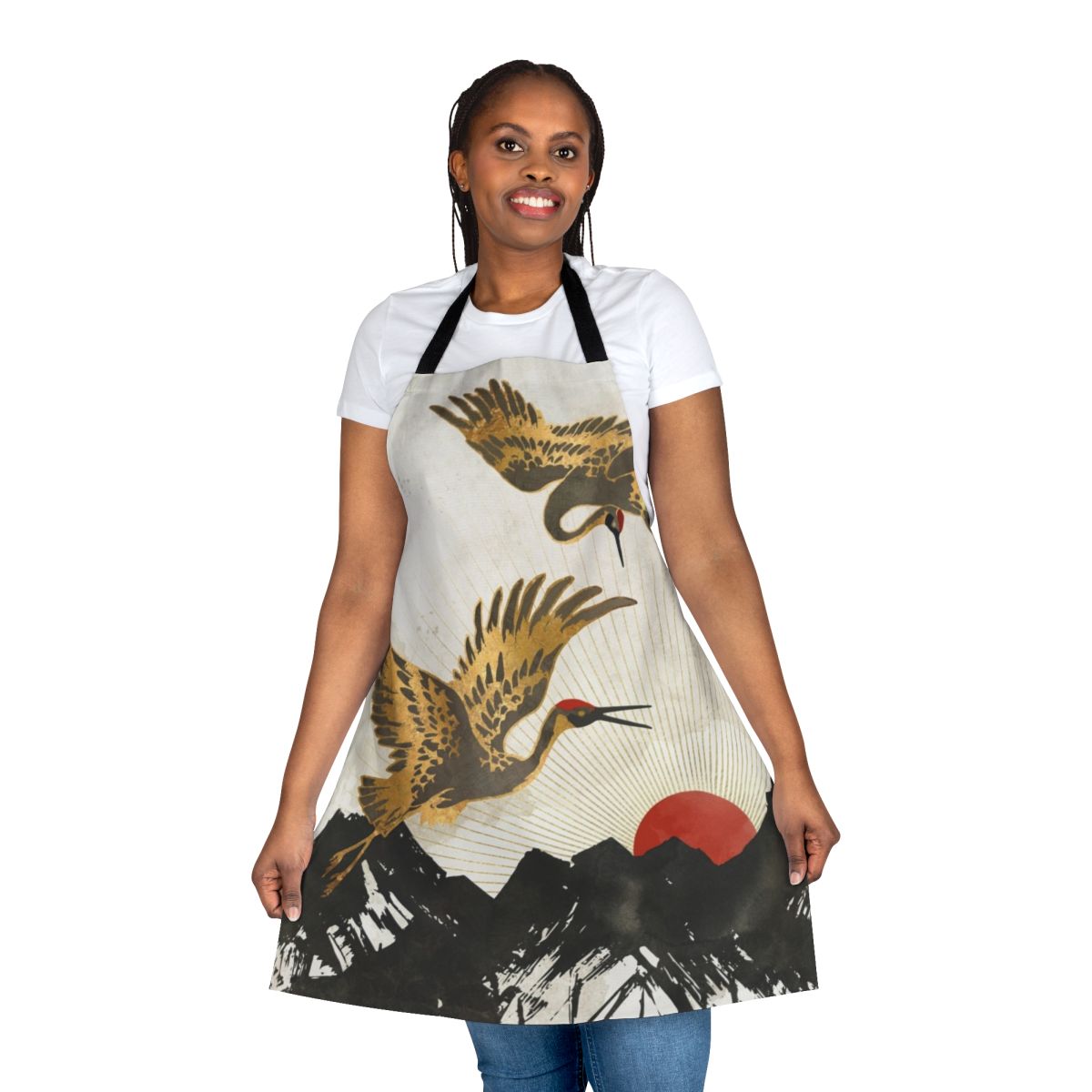 Elegant apron featuring a stylized crane or bird design in a nature-inspired landscape with mountains, sun, and abstract elements.