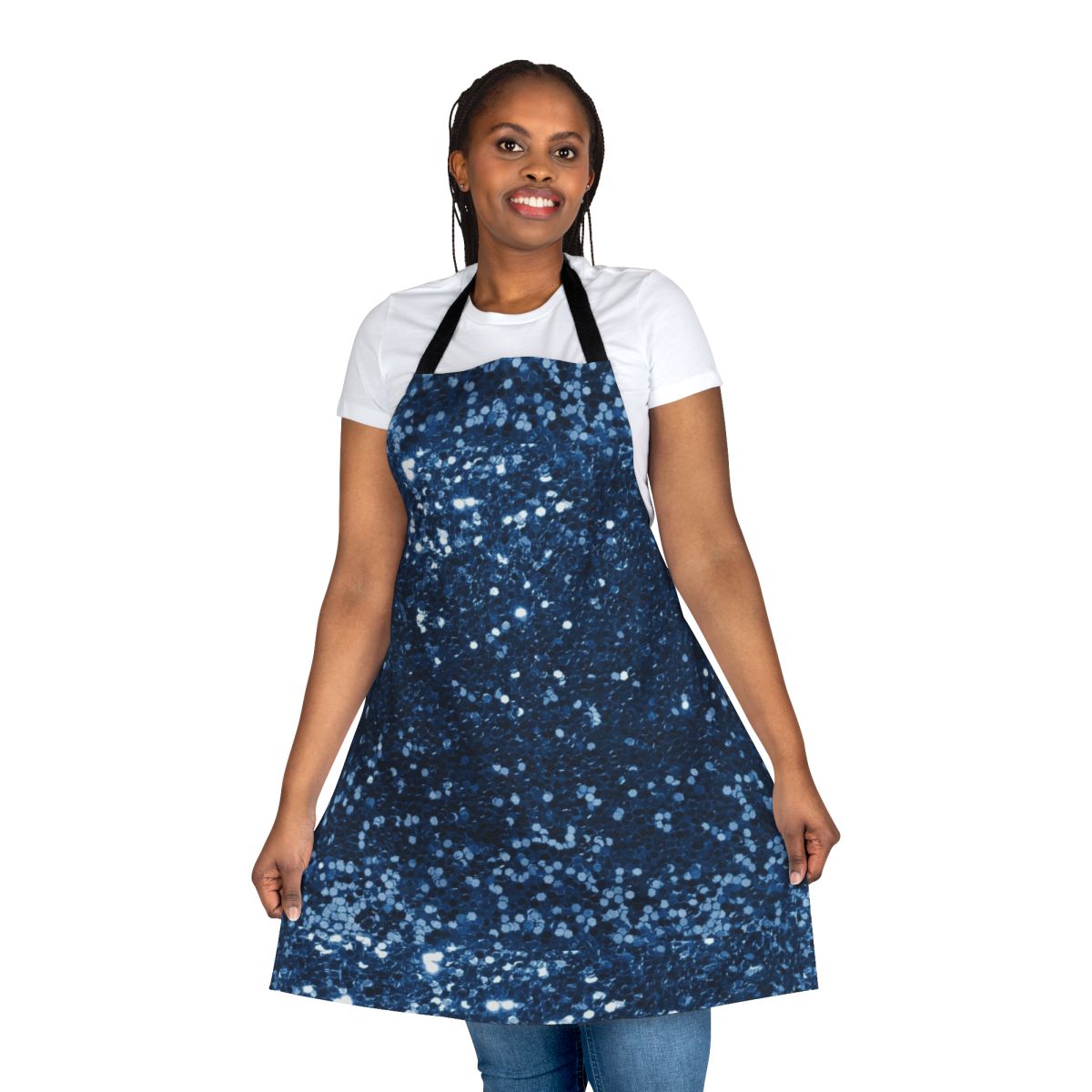 Navy blue glitter apron with a simulated glitter look