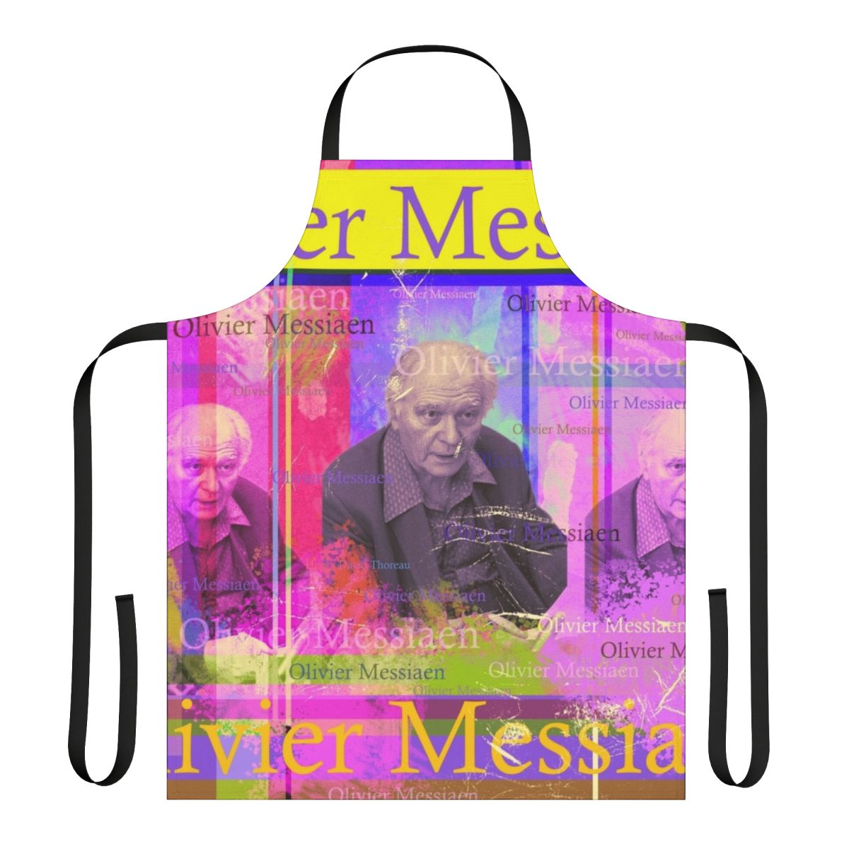 Artistically designed apron featuring a portrait of the renowned composer Olivier Messiaen, known for his groundbreaking work in classical music and ornithology.