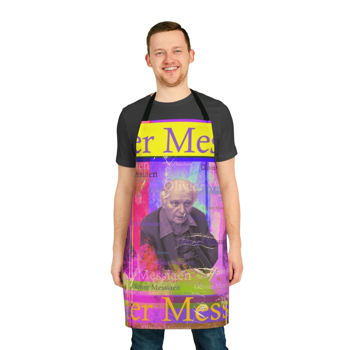 Artistically designed apron featuring a portrait of the renowned composer Olivier Messiaen, known for his groundbreaking work in classical music and ornithology.
